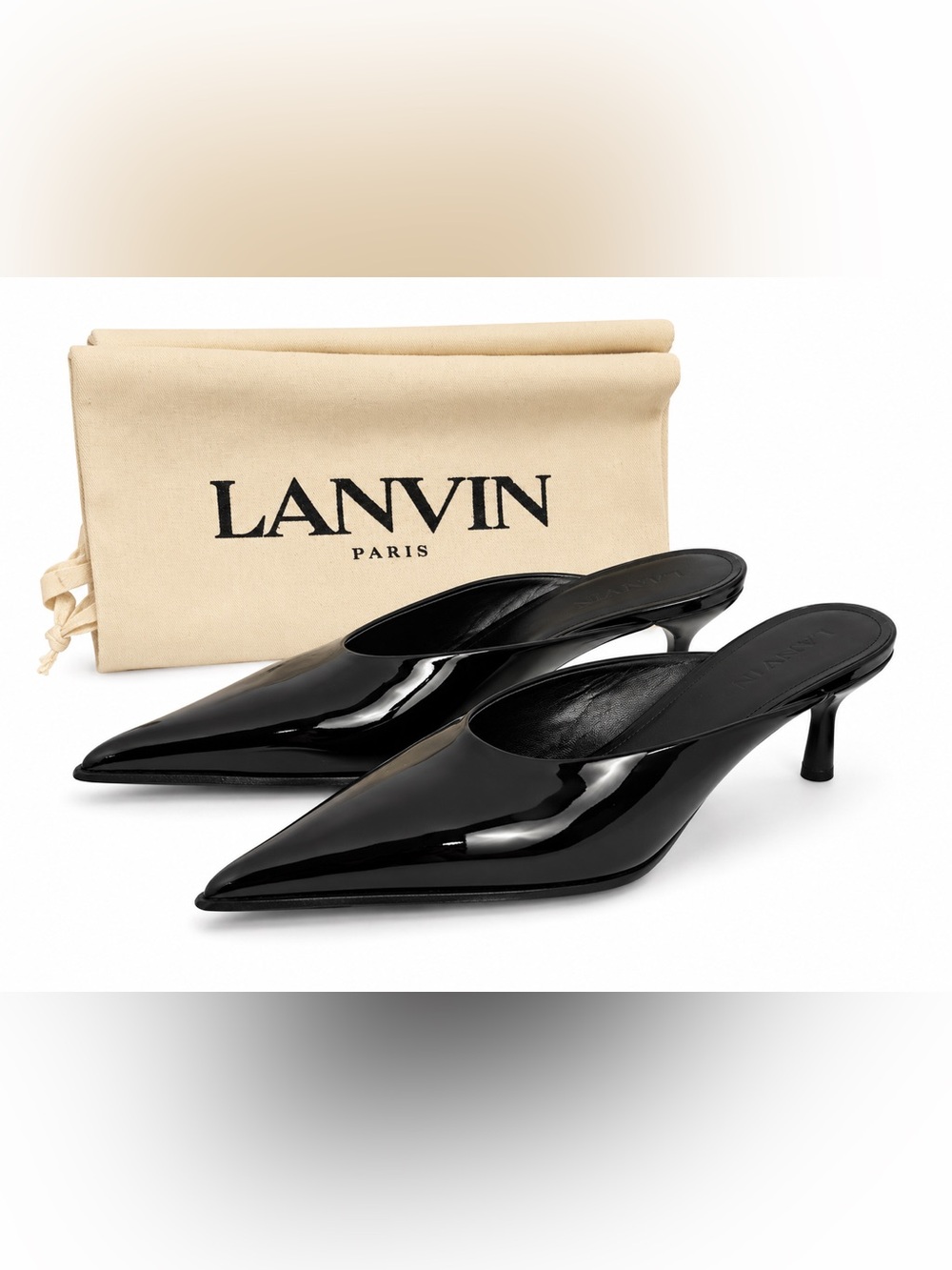 LANVIN Black Patent Leather Pointed Toe Mule Pumps 60mm Heel EU 39 US 8.5-9 NIB
